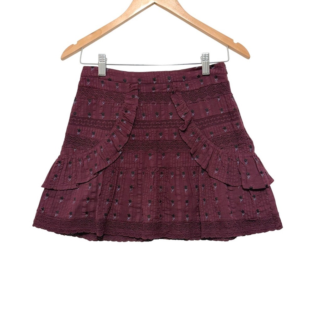 LoveShackFancy Women's Floral Ruffle Mini Skirt 0 Burgundy Cottagecore Boho